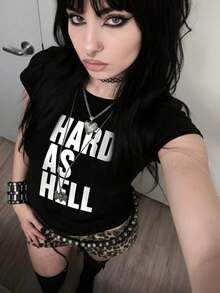 Short-Sleeved T-Shirt With Retro Punk Style Lettering, Y2K Gothic Style Top, Street Hip-Hop Style Top, 90s Women's Fashion - 黑色 - 查看 7