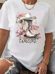 [Nacional Envio] Camiseta gráfica de mujer Cowgirl - Bota de vaquero rosa y diseño de flores, camiseta casual de manga corta con cuello redondo para primavera y verano, camisetas vaqueras playeras de mujer - Estilo - Ver 10