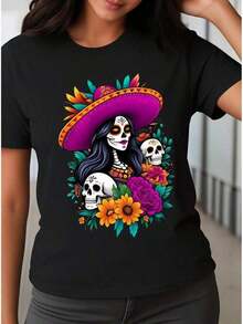 Women's T-shirt Camiseta Casual Mujer - Algodón 100% Suave Estampado Moderno Ideal para Todo Momento Liso Casual Ninguno Diario Calavera con sombrero morado flores coloridas diseño de Día de Muertos estilo mexicano arte vibrante femenino elegante Gothic style - Negro - Ver 1