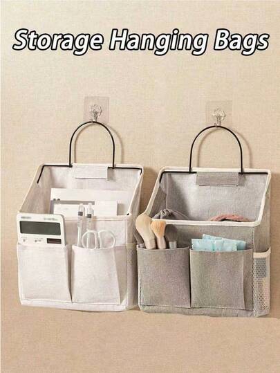 2pcs Wall Mounted Storage Pockets, Fabric Hanging Organizer Bags, Suitable For Dorm, Behind Door Storage, Upgraded Grey Wall Mounted Storage Baskets For Dorm, Bathroom