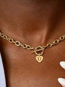 1 pieza Collar con colgante de letra en forma de corazón de acero inoxidable con cierre en T, uso de moda para mujeres en fiestas, evento de Ramadán - Estilo 3 - Ver 10