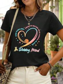 Camiseta con estampado de corazón para mamás de baloncesto, 100% algodón, informal, cómoda, duradera, dise?o gráfico. Blusas Bonito 100% Algodón - Negro - Ver 6