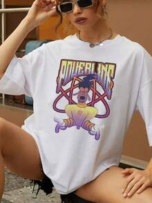 Vibrant Graphic With An Animated Character Radiating Positive Energy And Power In Shades Of Purple And Yellow, Evoking Confidence And Youthful Fun. Comfortable And Modern Women's T-Shirt For Everyday Wear And Casual Occasions. - 白色 - 查看 6
