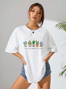 Camisetas estampadas de moda para mujer, tops de estilo urbano de gran tamaño, camisetas de verano cómodas y elegantes que combinan con todo. - Blanco - Ver 2