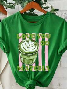 SimpieAndVersatileDesignNueva Camiseta Casual de Verano con Estampado Gráfico "Love You So Much Matcha", Manga Corta, Cuello Redondo, Estilo Casual, Adecuada para Verano y Primavera, Camiseta de Algodón Holgada de Manga Corta con Cuello Redondo, Estilo Vintage Urbano Unisex para Mujer. Camiseta de algodón - Verde - Ver 6