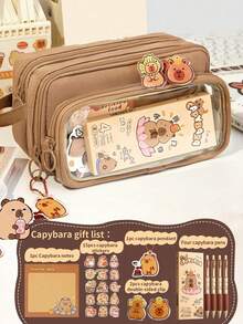 1pc Upgraded Large Capacity Portable Flip-Top Detachable Transparent Hamster Stationery Pen Bag, Suitable For Storing A Series Of Desktop Student Stationery Such As Rulers, Pens, Erasers, Multi-Functional Dormitory Cosmetic Storage Bag, Campus Series Classroom Student Office Supplies Pencil Case (Includes 1 Notebook, 15 Stickers, 1 Pendant And 2 Double-Sided Clips) - Sets - View 1