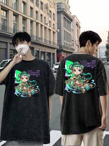 Unisex Retro Washed Loose-Fit T-Shirt In Black, Featuring A Wenji Character In Q Version From The Game "Honor Of Kings" And The Slogan "Healing Melody", Combining Elements Of Traditional Green Gamer Clothing, The Musical Instrument Guqin, Musical Themes And Anime Street Aesthetic. - 黑色 - 查看 3