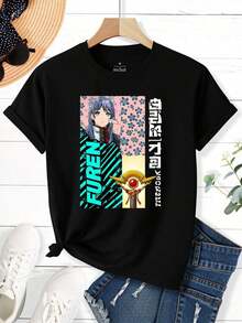 Camiseta de manga corta estilo anime para mujer, diseño de personaje Furen y dispositivo mágico, ropa casual de verano para fans de anime y regalo para amigos, 100% algodón. - Negro - Ver 2