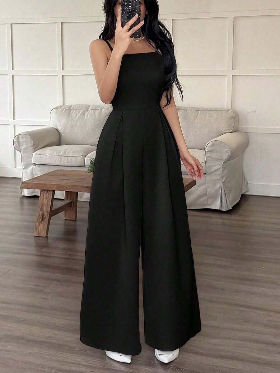 de pierna ancha holgado con pliegues plegados de unicolor para uso casual y diario de verano para mujeres - Negro - Ver 1