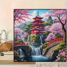 5D钻石画套装,日式宝塔、樱花、瀑布、传统园林景观,圆形钻石刺绣艺术,DIY全钻画布,钻石艺术马赛克工艺品,手工礼品,适用于客厅、卧室、办公室DIY十字绣,墙面装饰艺术 - 查看 3