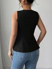 Blusa exterior con cuello en V ajustada con decoración de botones dorados con rosas - Negro 2 - Ver 2