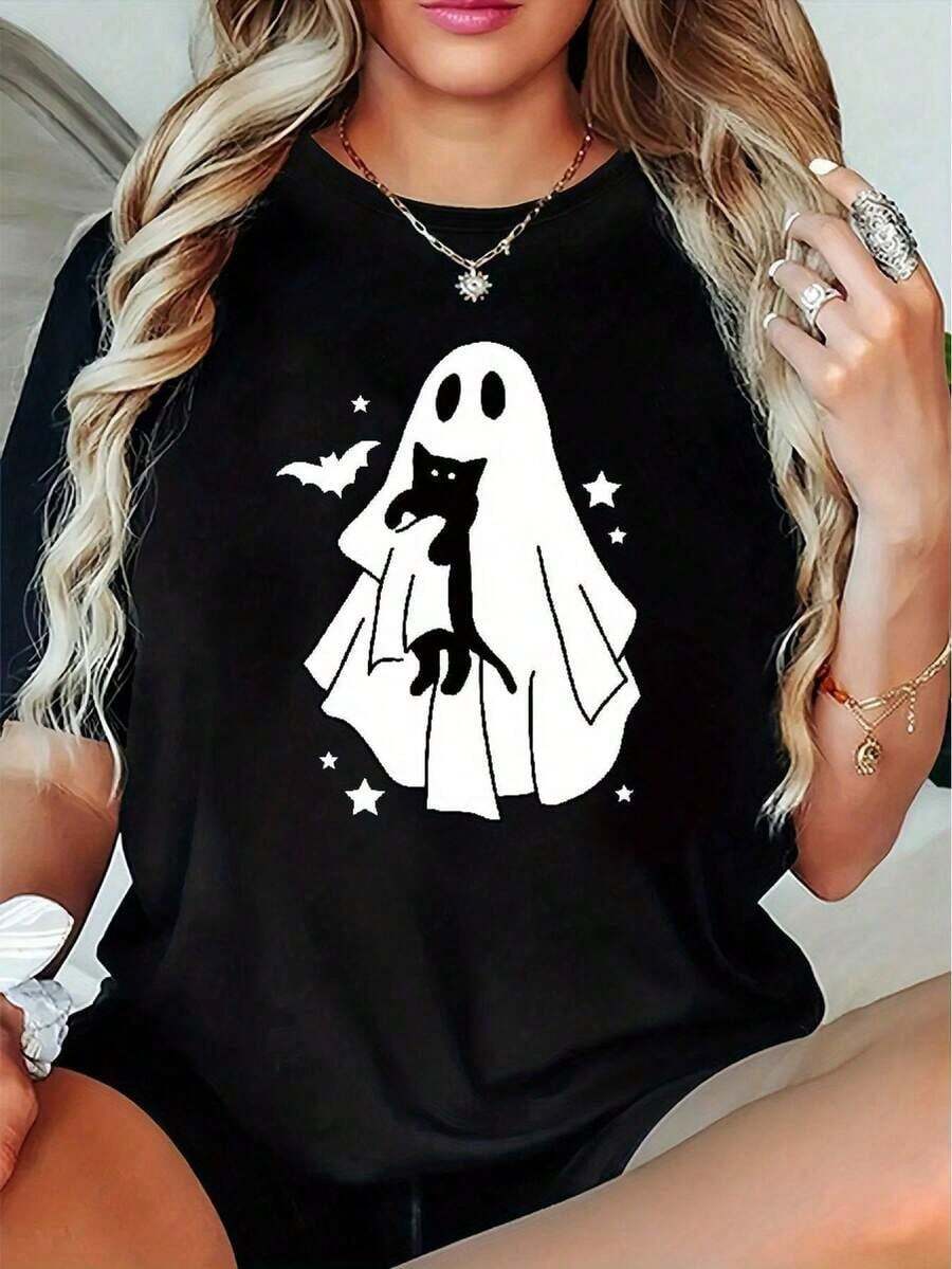 Oferta por tiempo limitado, compra limitada, flash oferta,Camiseta de Manga Corta para Mujer Talla Grande - Blusa Casual de Cuello Redondo con Tejido Elástico, Lavable a Máquina, Ideal para Primavera, Verano y Otoño - Camiseta Cómoda y Versátil de Manga Corta para Mujer Talla Grande - Negro - Ver 1