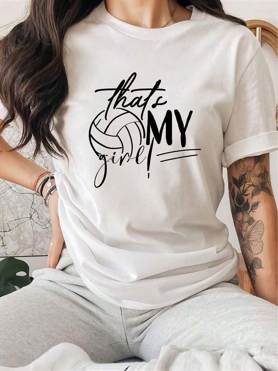 Limited Time Offer, Limited Quantities, Flash ! Women's Casual Short-Sleeve Crew Neck T-Shirt With "That's My Girl" Letter Print For Spring/Summer, Relaxed Sports Top - 白色 - 查看 1