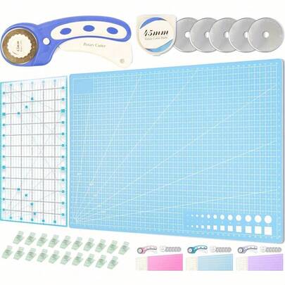 Pink Rotating Scissors Set - Quilting Set, Including 45mm Fabric Scissors, 5 Replacement Blades, A3 Cutting Pad, Acrylic Ruler, And Craft Clip - Perfect For Handmade, Sewing, Patchwork, Crochet X