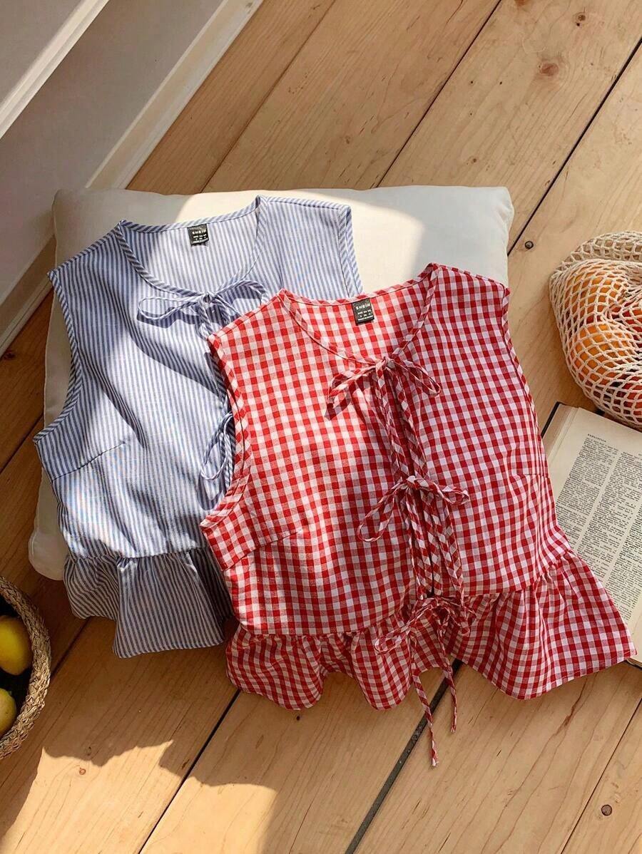 2 piezas Blusas tejidas sin mangas con moño delantero a rayas y a cuadros para mujer, un cuadro rojo y una a rayas azules, perfectas para las vacaciones de verano - Multicolor 11 - Ver 1