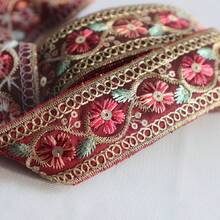 1/5"復古花卉亮片刺繡裝飾緞帶，適用於衣物、配件、包包、帽子、窗簾及手工藝裝飾蕾絲飾邊 - 多色C - 查看 10