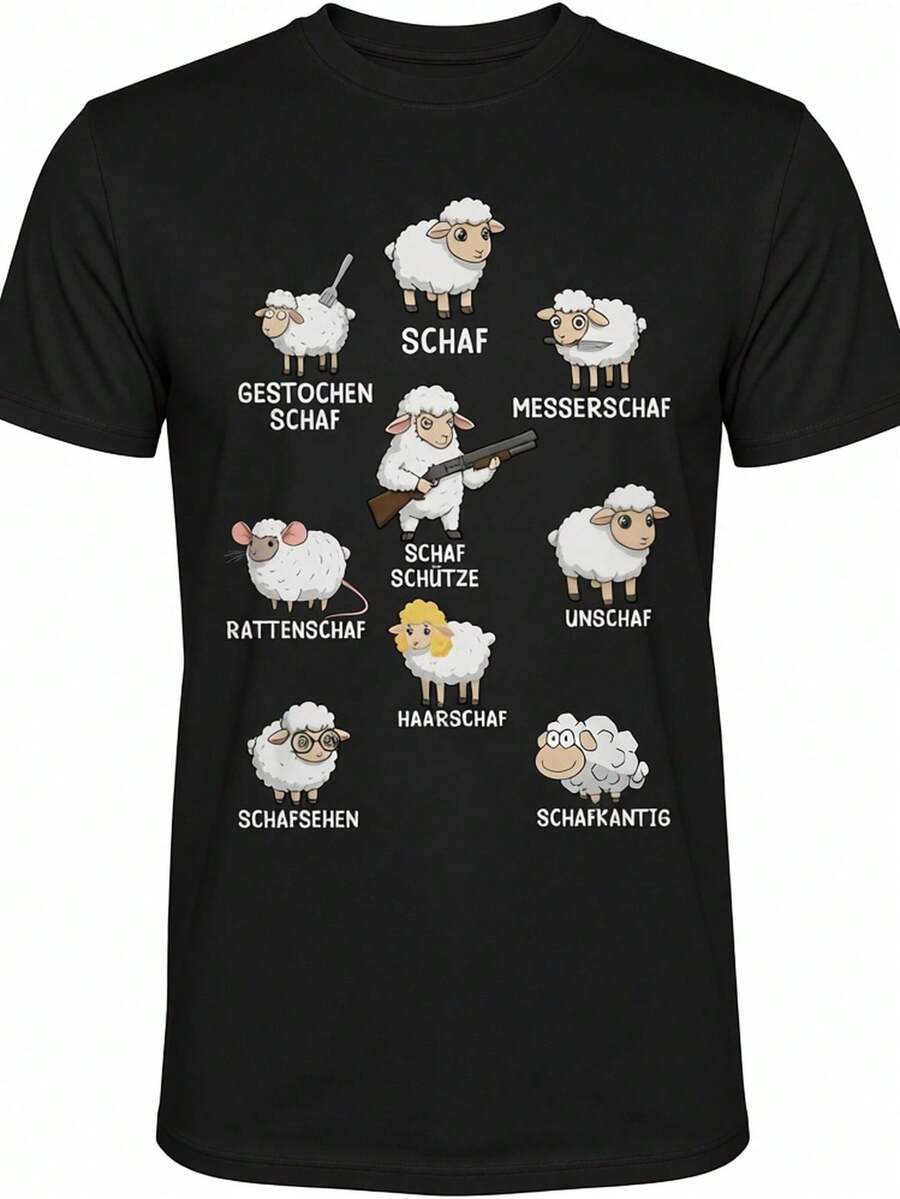 Funny Men's T-Shirt With A Joke Design Showing Monsters And A Monster And Sheep Gang, Comfortable And Loose Crew Neck T-Shirt, Funny Graphic T-Shirt For Both Men And Women. - Black - View 1