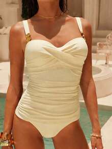 Swim Chiccia Conjunto de tankini de unicolor metálico elegante con tirantes ajustables y Bottom de cintura alta, set de 2 piezas - Beis - Ver 4