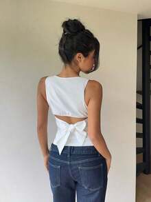 2 piezas Camisa sin espalda con lazo y cuello redondo sin mangas para mujer, Top estilo Y2K, adecuado para ir al trabajo, salidas, vacaciones, Paquete de 2 tops sin mangas para mujer, Top sin mangas para mujer, Conjunto de 2 piezas para mujer, Blus - Blanco 4 - Ver 6