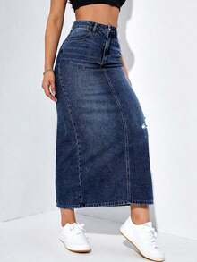 Falda larga de mezclilla desgastada para mujer - Azul lavado oscuro - Ver 6