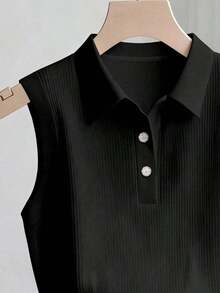 Camiseta sin mangas acanalada casual y elegante con cuello polo para mujer - Negro - Ver 3