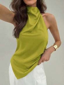 Top elegante de verano de diseño minimalista, sin mangas y con espalda descubierta, de unicolor - Verde Oliva - Ver 6