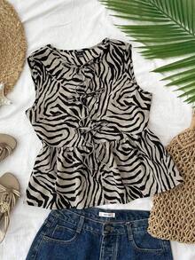 Camiseta de mujer con estampado de rayas de cebra en gasa con bajo de peplum, adecuada para vacaciones de primavera/verano, conjunto casual para mujer, vacaciones de verano, vacaciones de primavera, fiesta, playa, Día de San Valentín - Multicolor - Ver 8