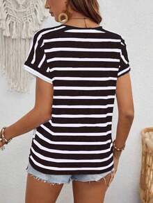 Camiseta con mangas de murciélago a rayas, informal, camisetas gráficas de verano para mujeres - Blanco y Negro - Ver 2