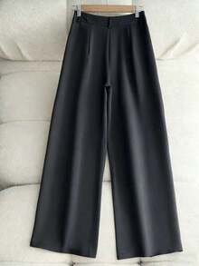 Pantalones casuales de mujer de unicolor con bolsillo oblicuo y pliegues - Gris - Ver 2