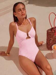 Swim Chiccia Nuevo traje de baño de una pieza elegante de unicolor, exquisito, para mujeres, para playa, natación y spa, temporada primavera/verano 2026 - Rosa - Ver 5