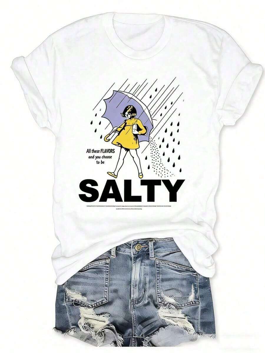 Cute Unisex Premium Casual T-Shirts, Plus Size, Umbrella Print T-Shirt - Vintage Style, Summer Beachwear For Women, Perfect For Vacation And Everyday Wear, Unisex T-Shirt, Suitable For Casual Daily Outings, Short Sleeve Summer Top, Retro Y2K Print T-Shirt - 白色 - 查看 1