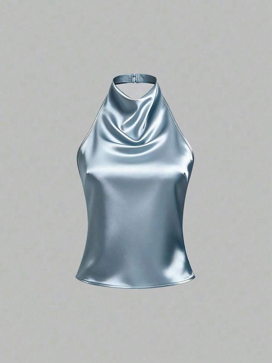 Camiseta sin espalda con lazo, de satén de unicolor, con drapeado halter elegante - Azul - Ver 1