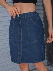Minifalda de tubo de mezcla de algodón para mujer, de unicolor, con bolsillo, adecuada para todas las estaciones y uso casual en verano - Azul lavado oscuro - Ver 4