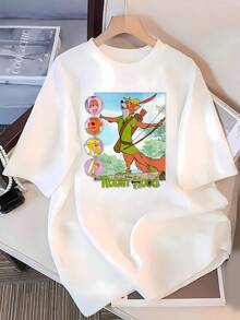 Colorful Image Of A Cheerful Fox With A Bow And Friends In A Forest Symbolizes Friendship And Courage, Inspiring Adventure And Optimism. Women's T-Shirt With A Comfortable, Soft Fit, Ideal For Casual Everyday Wear. - 白色 - 查看 3