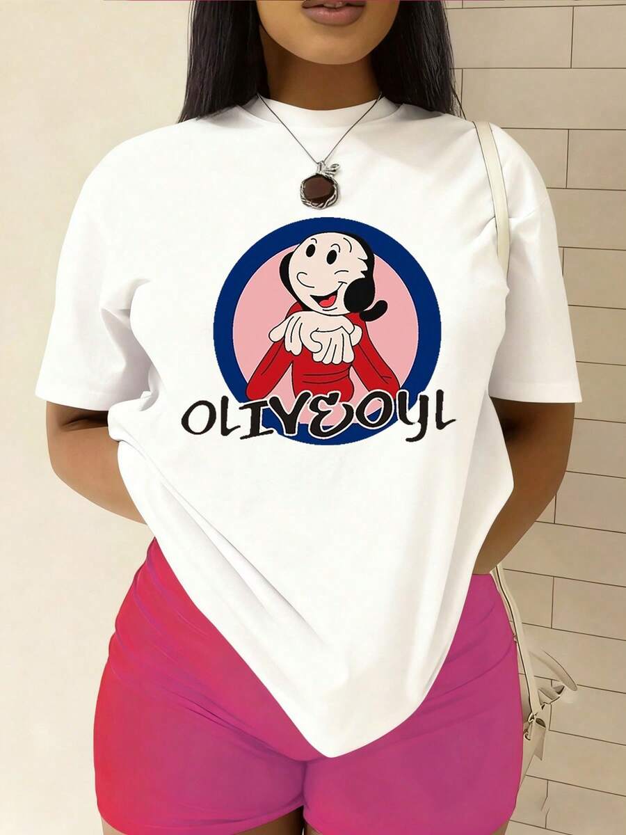 Women's Fashionable T-Shirt, Featuring The "Mighty Man From And " Pattern Print, Made Of 100% Pure Cotton With A Round Neck And Short Sleeves. It Is Comfortable And Breathable, Casual And Elegant, A Must-Have For Summer. - 白色 - 查看 1