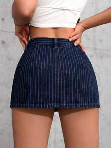 Falda mini de mezclilla lavada informal para mujer - Azul lavado oscuro 2 - Ver 2