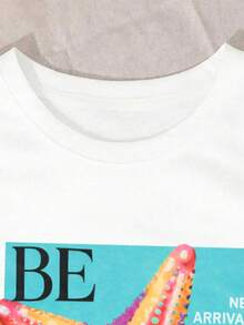 Camiseta de punto casual de manga corta para mujer con cuello redondo y estampado de estrella de mar, top de longitud regular con hombros caídos para salidas a la playa. FKGN - Blanco - Ver 4