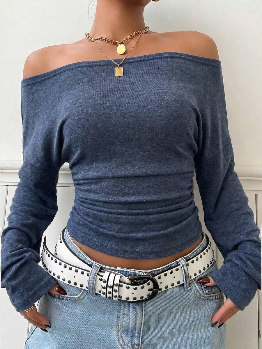 Camiseta ajustada de punto con hombros descubiertos en color rosa claro para mujer - Azul marino - Ver 1