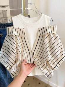 Conjunto de vacaciones para mujer con camisa a rayas de dos piezas falsa - Multicolor 3 - Ver 6