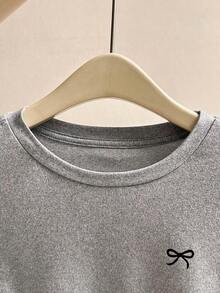 Camiseta casual de manga larga, cuello redondo, con estampado de lazo, color negro para mujer - Gris - Ver 3