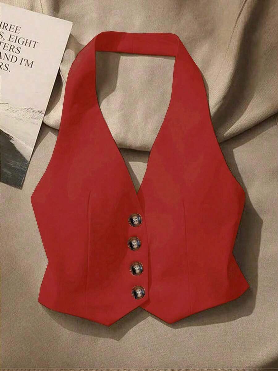 Top sin mangas con espalda descubierta casual para mujer, con botones delanteros, estilo elegante, para verano - Rojo - Ver 1