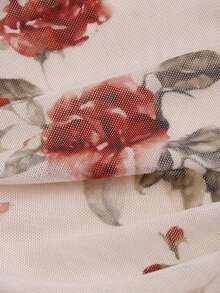 Vestido de mujer con estampado floral vintage, bloques de color, tirantes de hombro y pliegues en la cintura - Burdeos - Ver 3