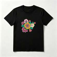 Flores Coloridas Playera Casual de Algodón Negro para Mujer - Negro - Ver 1