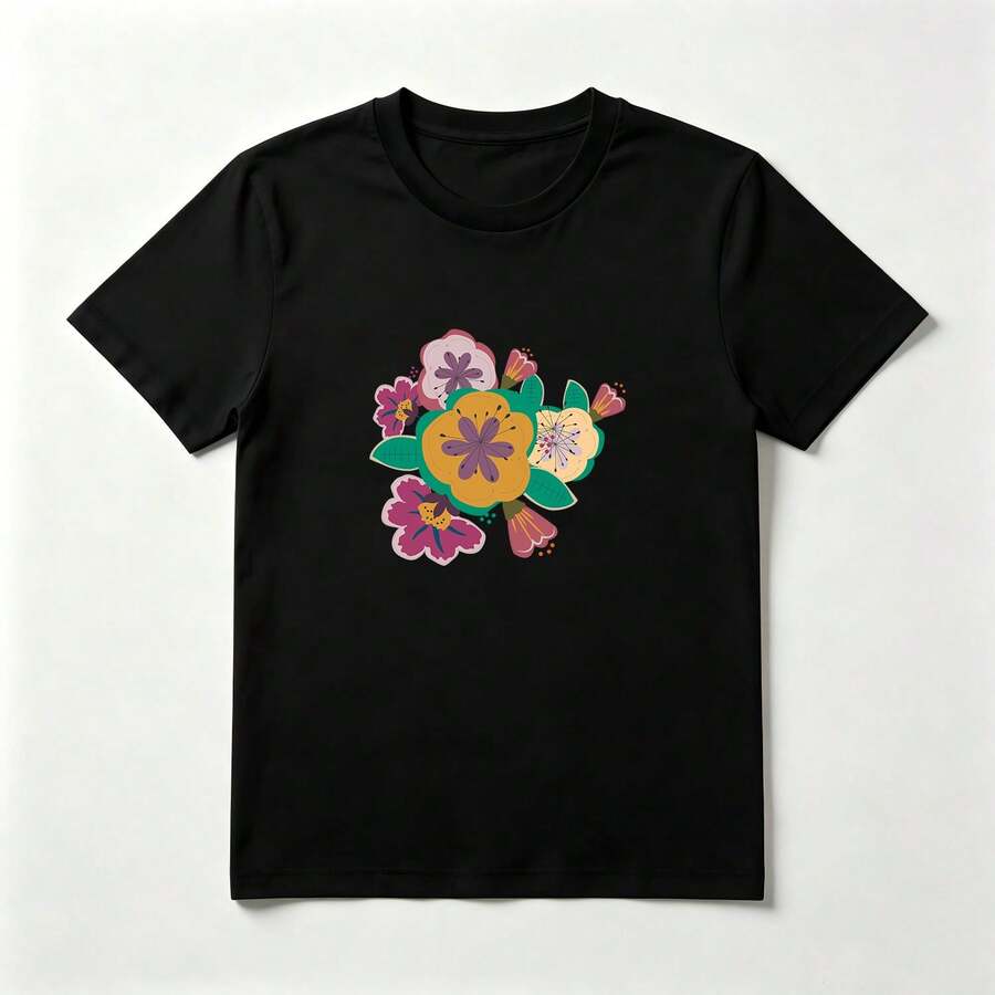 Flores Coloridas Playera Casual de Algodón Negro para Mujer - Negro - Ver 1