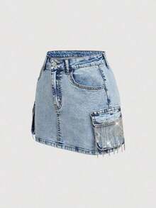 Minifalda casual cargo de mezclilla lavada para mujer - Azul 2 - Ver 6