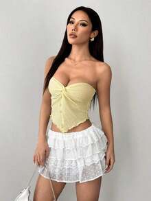 Top tubo de punto de textura amarillo ganso para mujer con abertura anudada en el medio delantero y borde ondulado, ajuste ceñido, para uso en fiestas, vacaciones y otoño/invierno - Amarillo - Ver 7