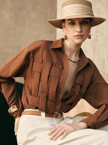 Camisa de mujer de tejido liso de punto a mano con hombros rectos, mangas largas, abertura media, diseño de estructura de punto a mano, uso casual, camisa marrón para verano y primavera - Óxido marrón - Ver 2