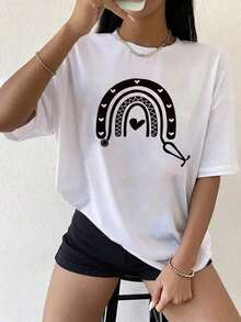 100% cotton Blusa holgada de manga corta, cuello redondo y patrón de arcoíris en color blanco, con estilo casual para verano de damas.El tejido tiene un ligero elástico. - Blanco - Ver 1
