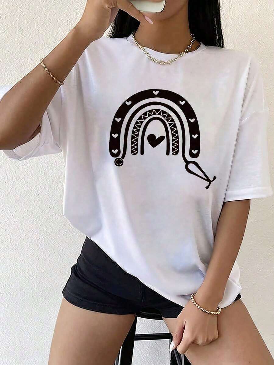 100% cotton Blusa holgada de manga corta, cuello redondo y patrón de arcoíris en color blanco, con estilo casual para verano de damas.El tejido tiene un ligero elástico. - Blanco - Ver 1