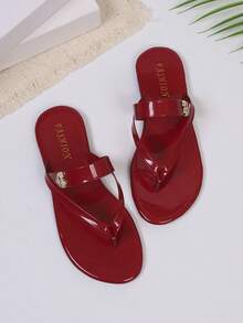 Women's Fashion Rhinestone Bow Tie Strap Flip Flops, Casual Versatile Beach Vacation Party Indoor & Outdoor Sandals, Summer New Arrival - Red - View 6